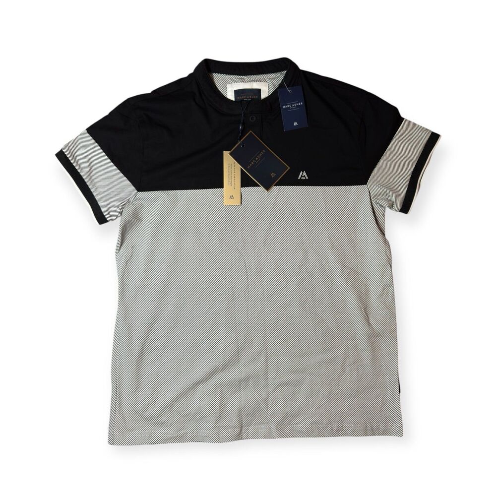 Marc Asher Blade Collar Polo Shirt Men's Large Navy Gray Dress Shirt‎ BNWT